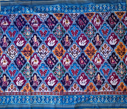 Royal Blue &amp; Maroon Patola-Inspired Ikat Silk Saree with Traditional Elephant Motifs - pochampallysarees.com