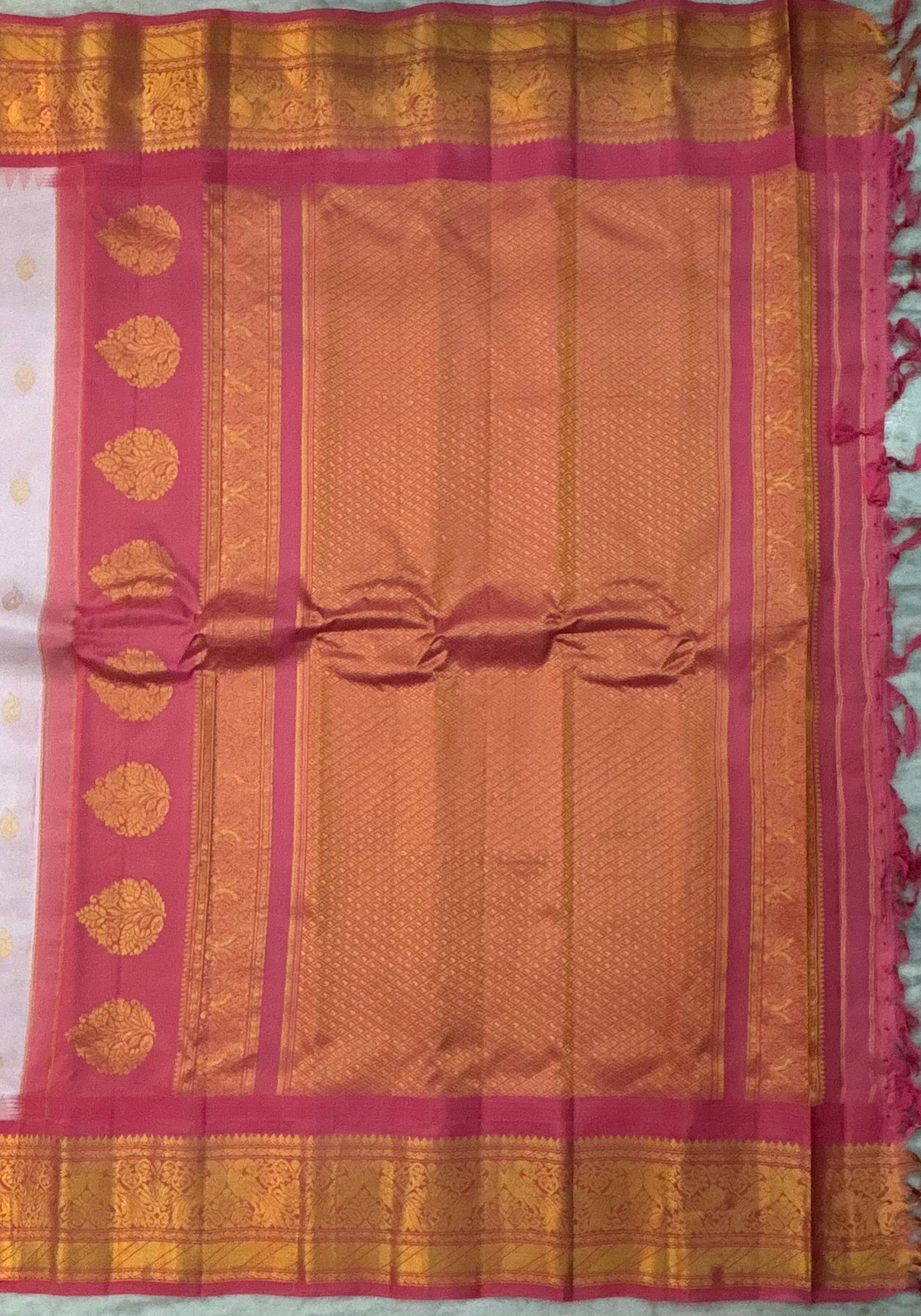 Elegant Off-White Pure Silk Saree with Contrasting Pink Zari Border and Mango Buttas