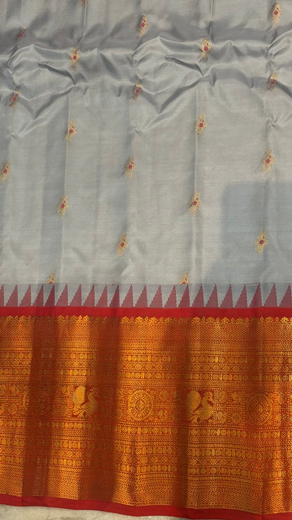 Authentic Gray Gadwal Silk Saree with Contrast Red Zari Pallu &amp; Matching Blouse - pochampallysarees.com