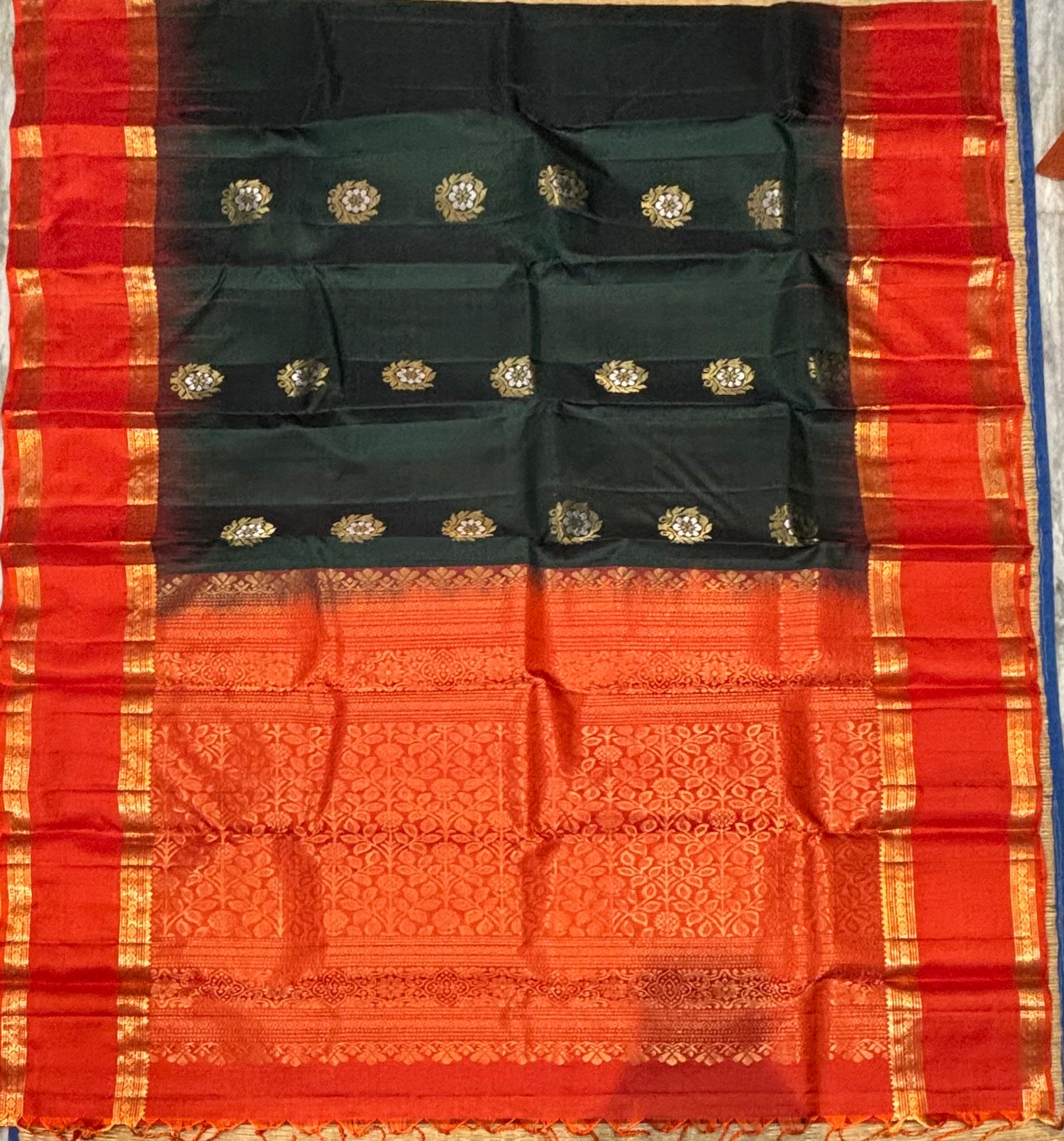 Authentic Green &amp; Orange Pure Kanchi Silk Saree | Silk Mark Certified