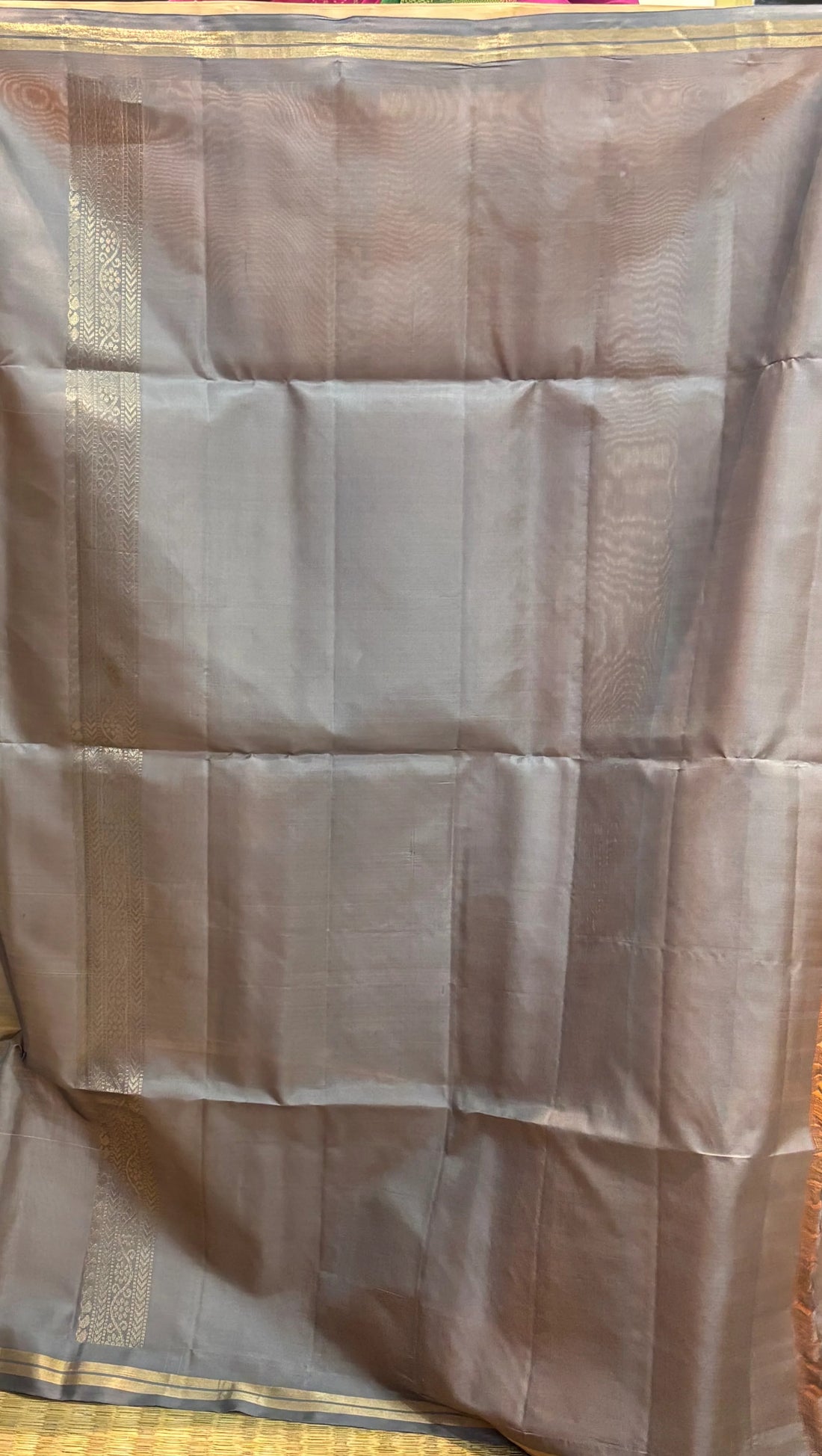 Kanchi Soft Silk Saree in Soft Peach with Contrast Grey Zari Border &amp; Pallu