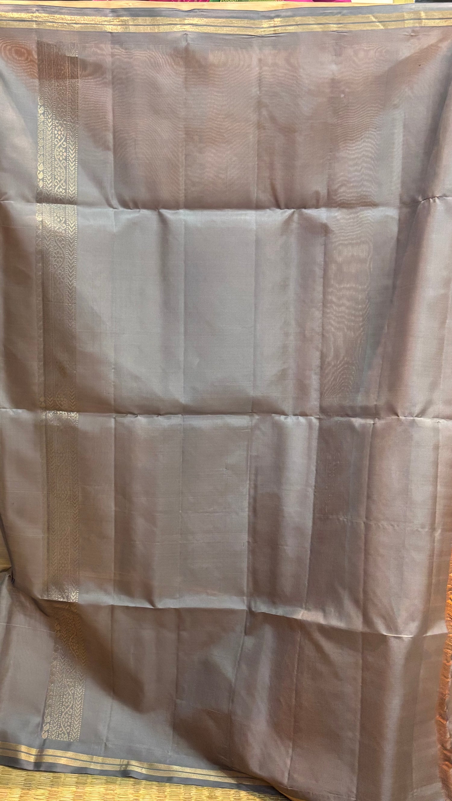 Kanchi Soft Silk Saree in Soft Peach with Contrast Grey Zari Border &amp; Pallu