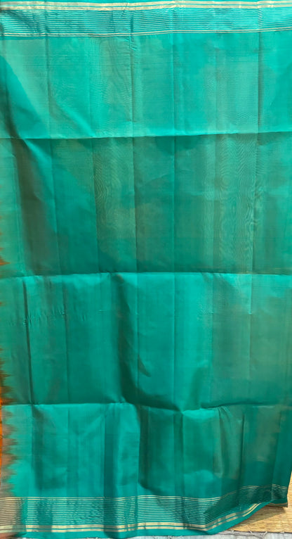 Kanchi Soft Silk Saree in Muted Gold with Teal Green Zari Border and Matching Blouse
