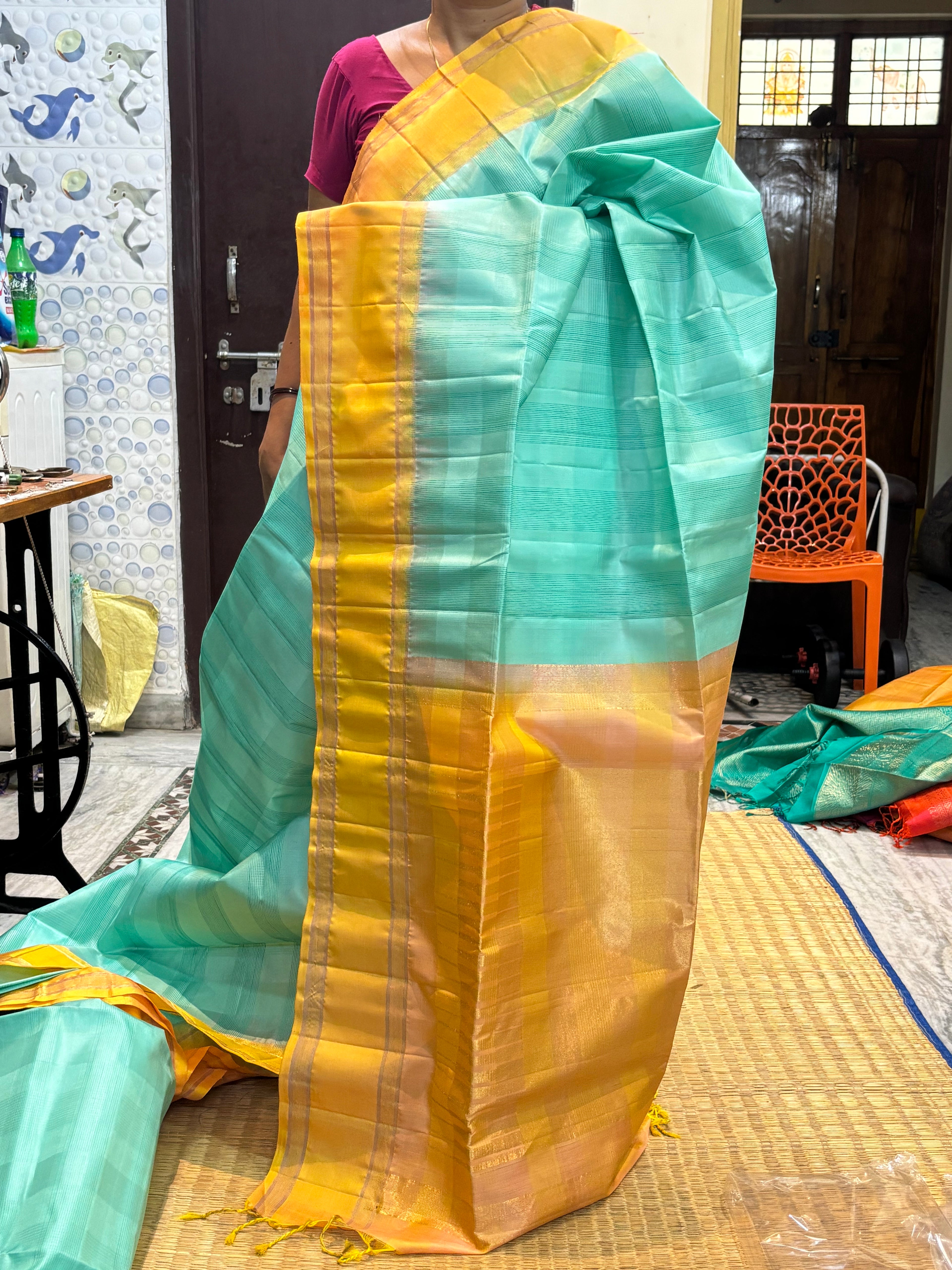 Light Teal &amp; Gold Kanchi Soft Silk Saree with Matching Blouse