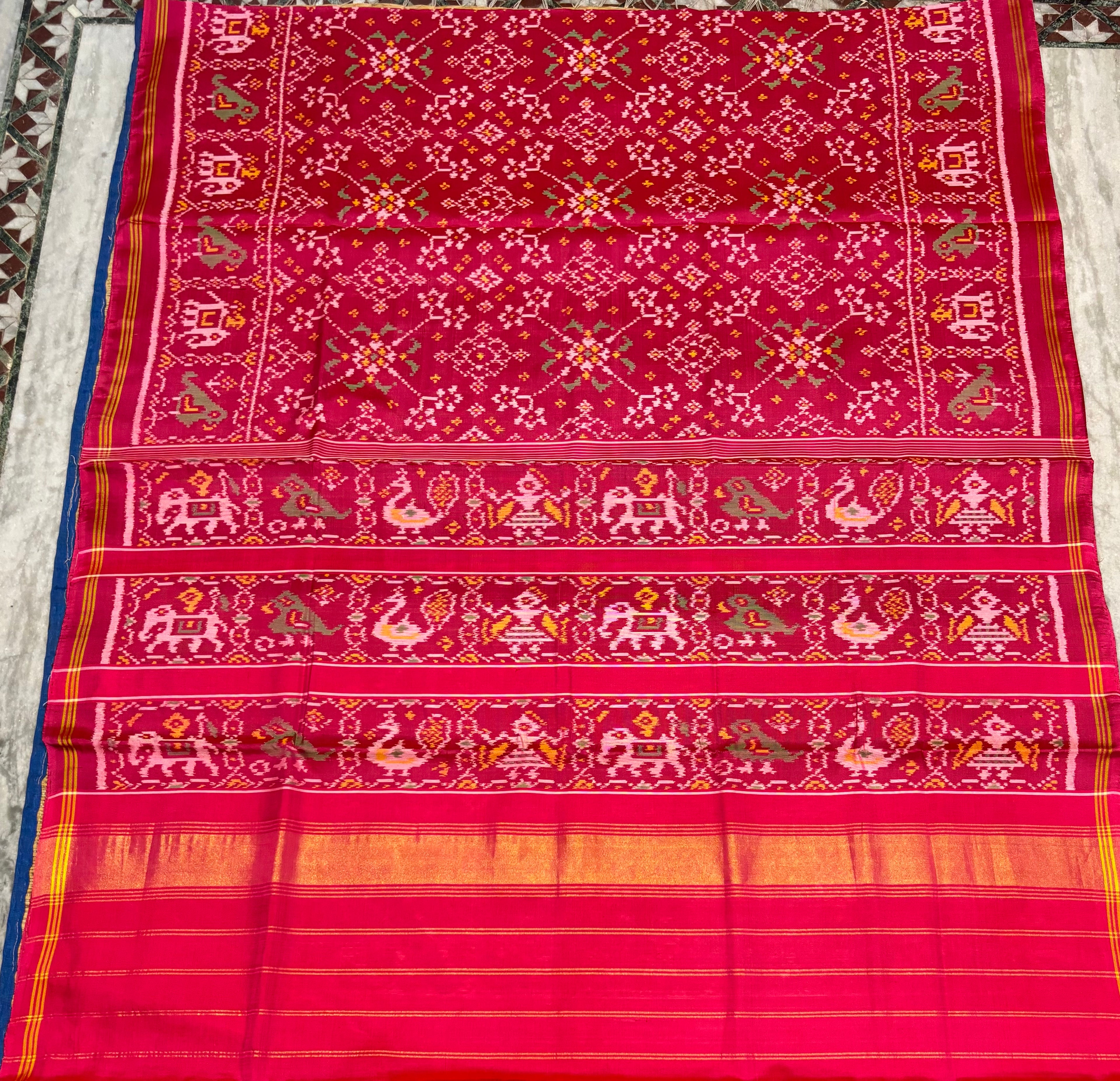 Real Patan Patola Pure Silk Saree with Traditional Nari Kunjar &amp; Popat Motifs