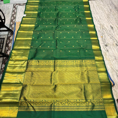 Dark Green Checkered Pure Kanchipuram Pattu Saree with Price Rich Gold Zari | Bridal Silk