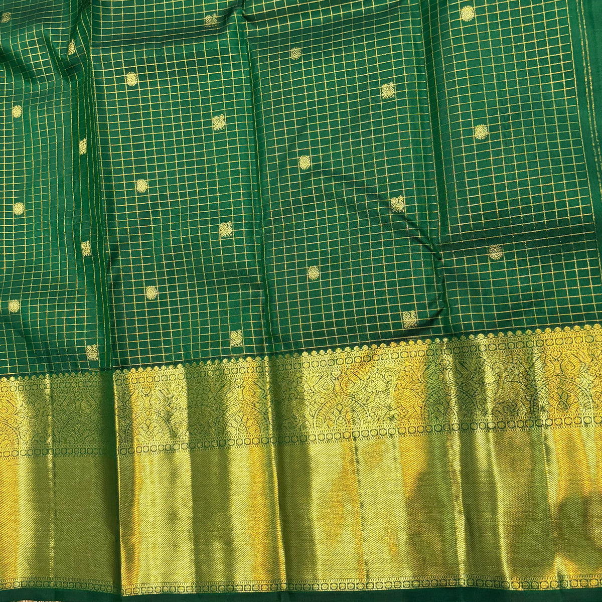 Dark Green Checkered Pure Kanchipuram Pattu Saree with Price Rich Gold Zari | Bridal Silk