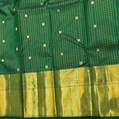 Dark Green Checkered Pure Kanchipuram Pattu Saree with Price Rich Gold Zari | Bridal Silk