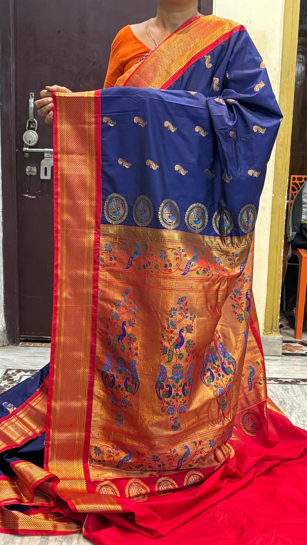 Elegant Navy Blue Semi Gadwal Paithani Saree with Contrast Red Border