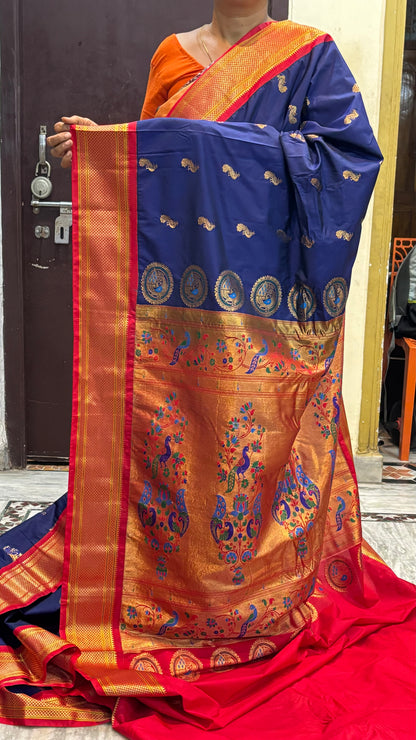 Elegant Navy Blue Semi Gadwal Paithani Saree with Contrast Red Border