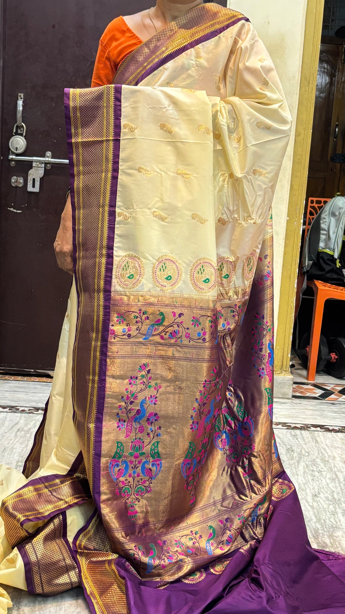 Elegant Off-White Semi Gadwal Paithani Saree with Dark Lavender Blouse