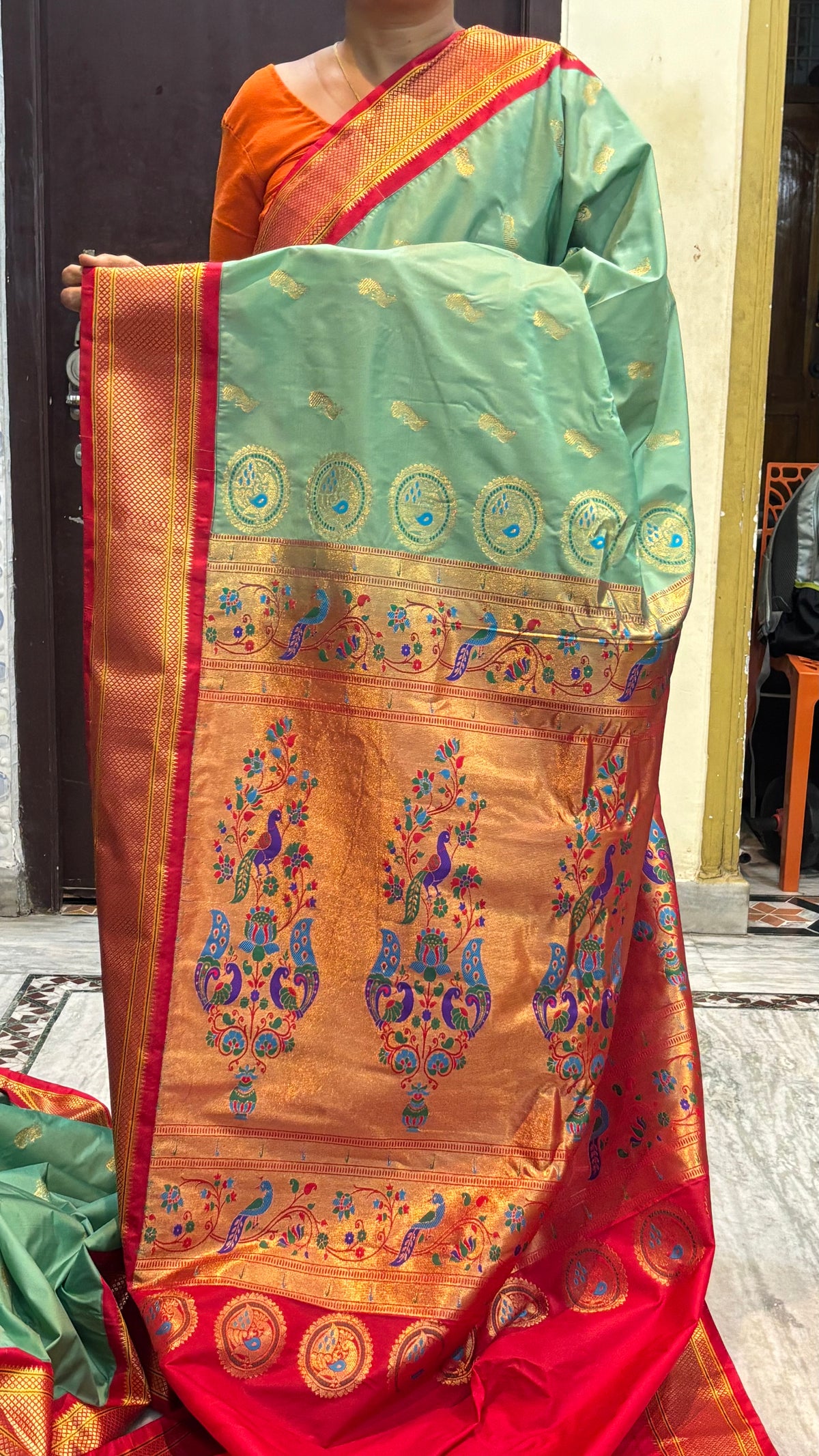 Elegant Sea Green Semi Gadwal Paithani Saree with Contrast Red Blouse
