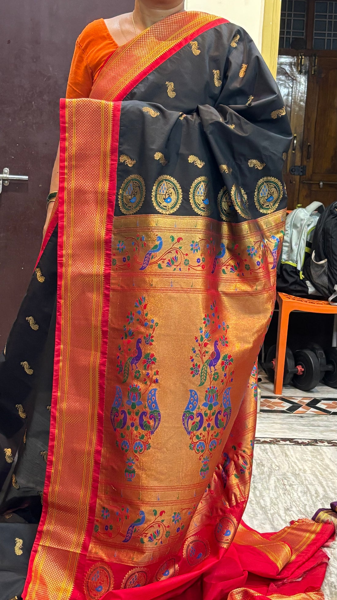 Semi Gadwal Silk Traditional Black and Red Silk Saree with Rich Gold Zari Border