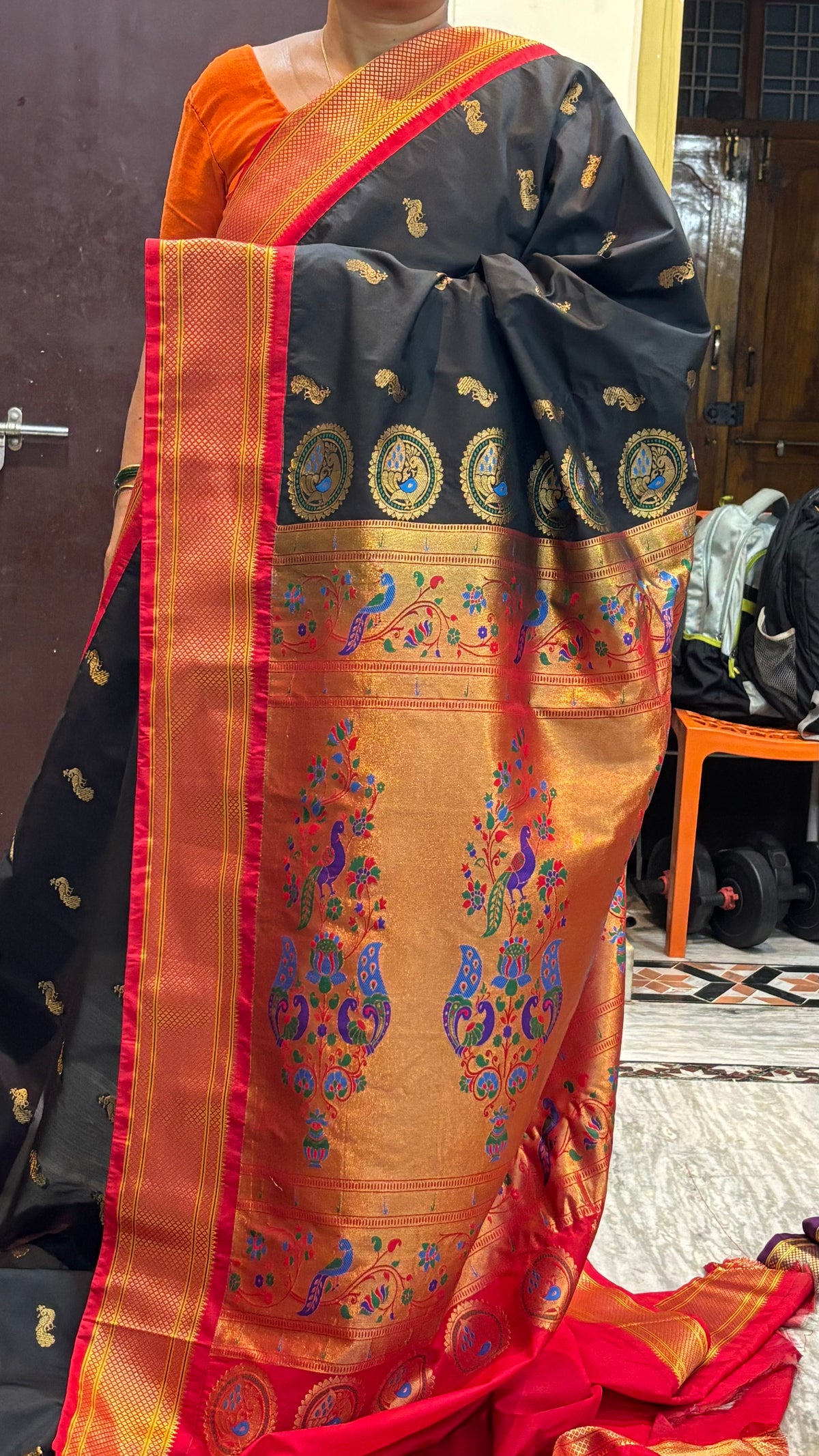Semi Gadwal Silk Traditional Black and Red Silk Saree with Rich Gold Zari Border