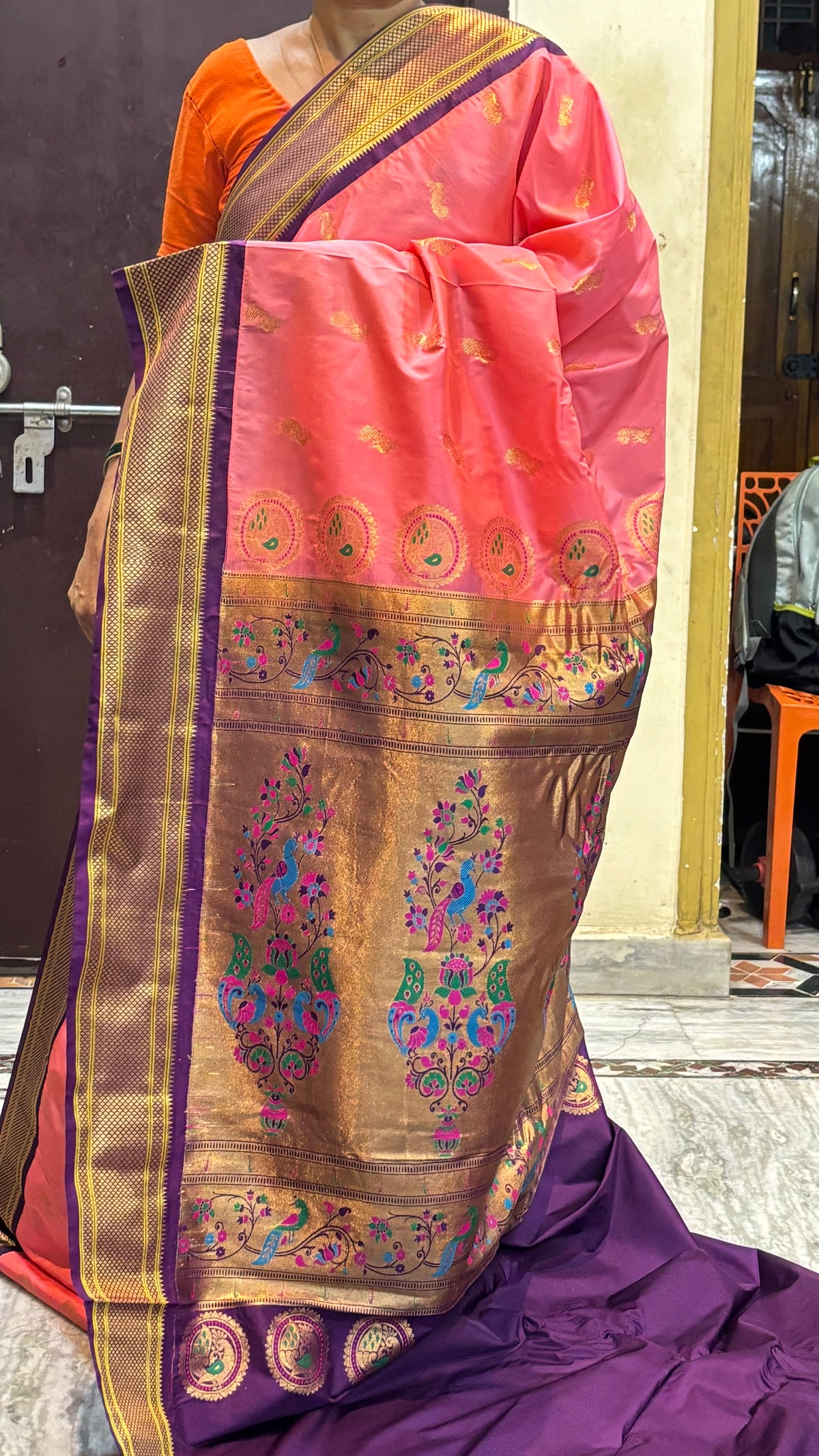 Semi gadwal Silk Traditional Peach-Pink Silk Saree with Purple and Gold Zari Border