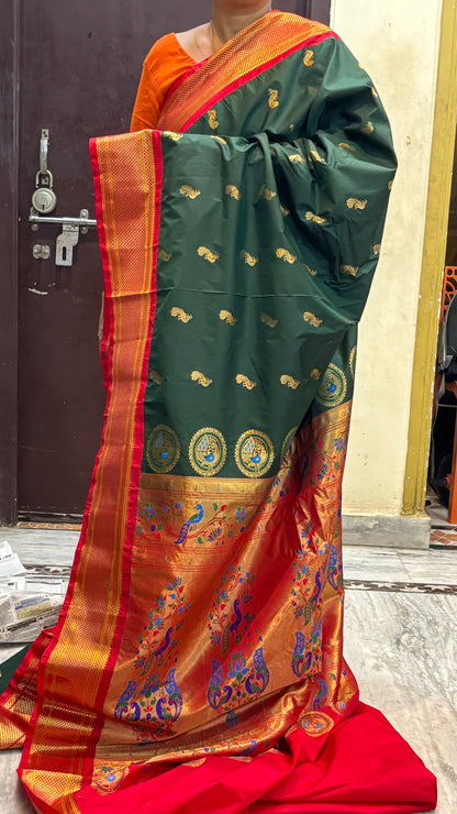 Semi gadwal Silk Traditional Dark Green Silk Saree with Red Zari Border and Peacock Motifs