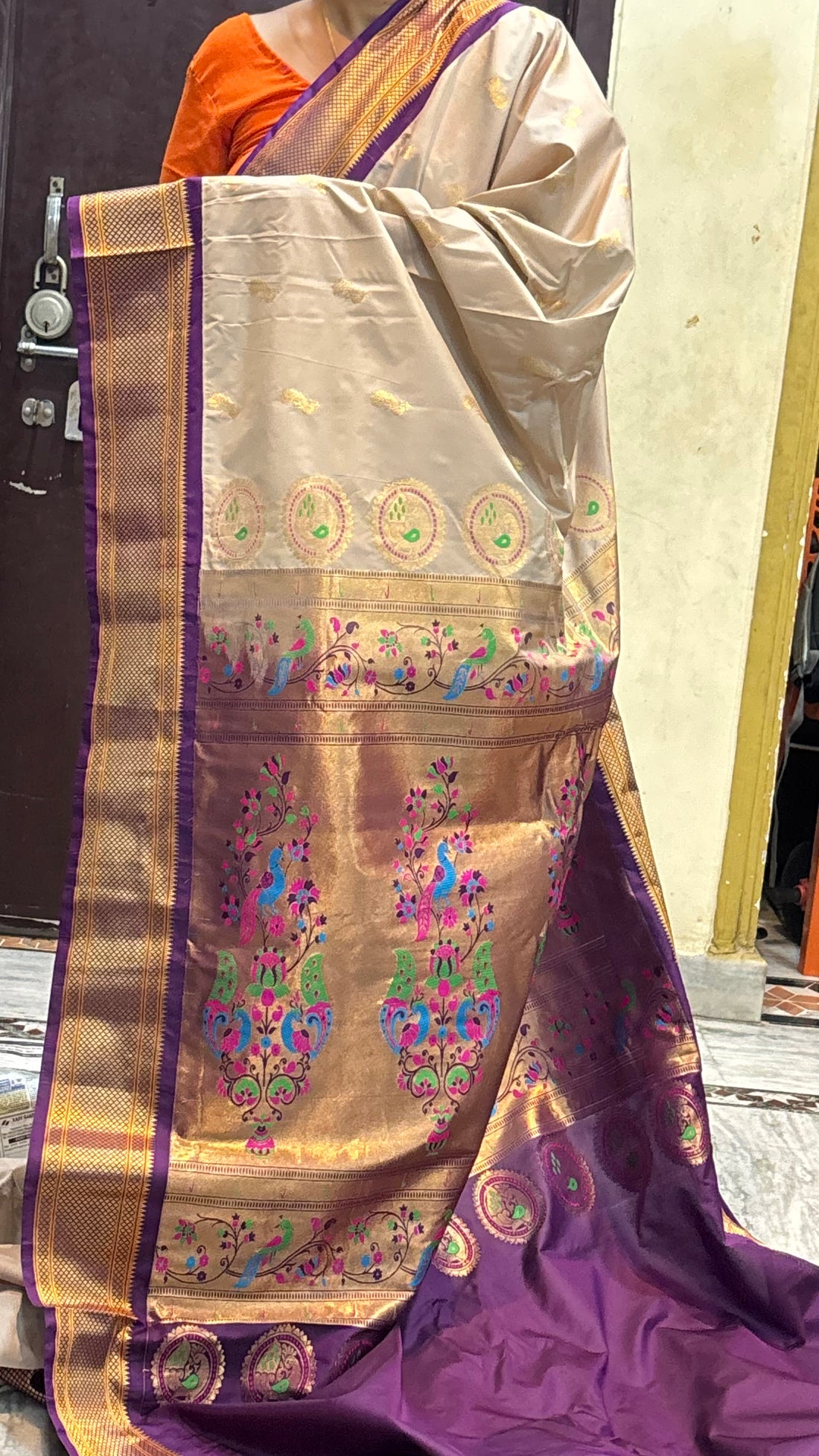 Semi Gadwal Silk Traditional Champagne Gold and Purple Silk Saree with Peacock Motifs