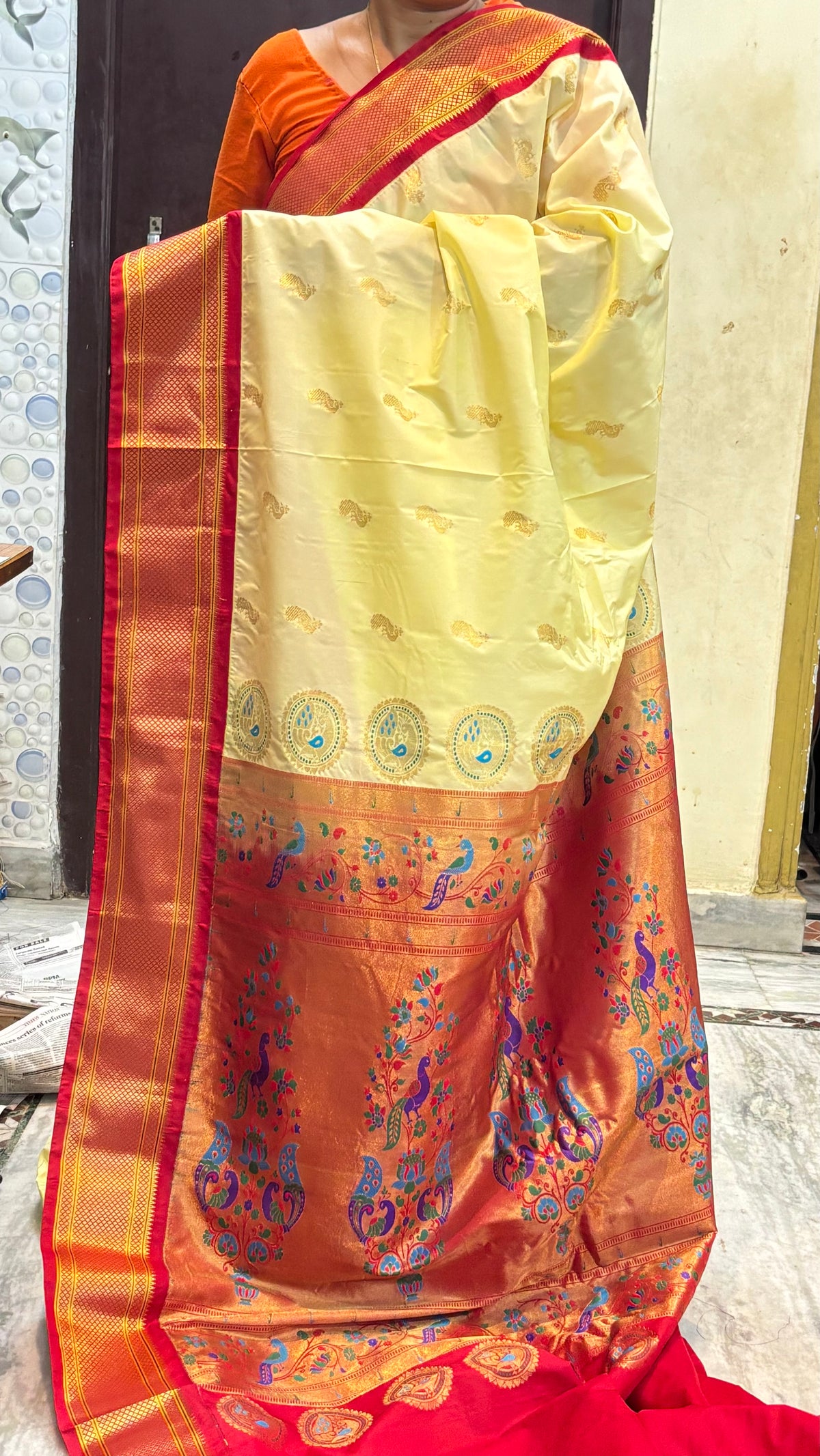 Semi gadwal Silk Traditional Cream and Red Silk Saree with Peacock Motifs