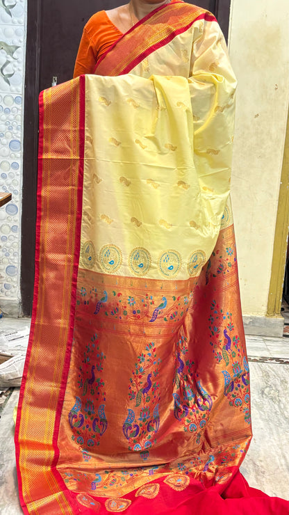Semi gadwal Silk Traditional Cream and Red Silk Saree with Peacock Motifs