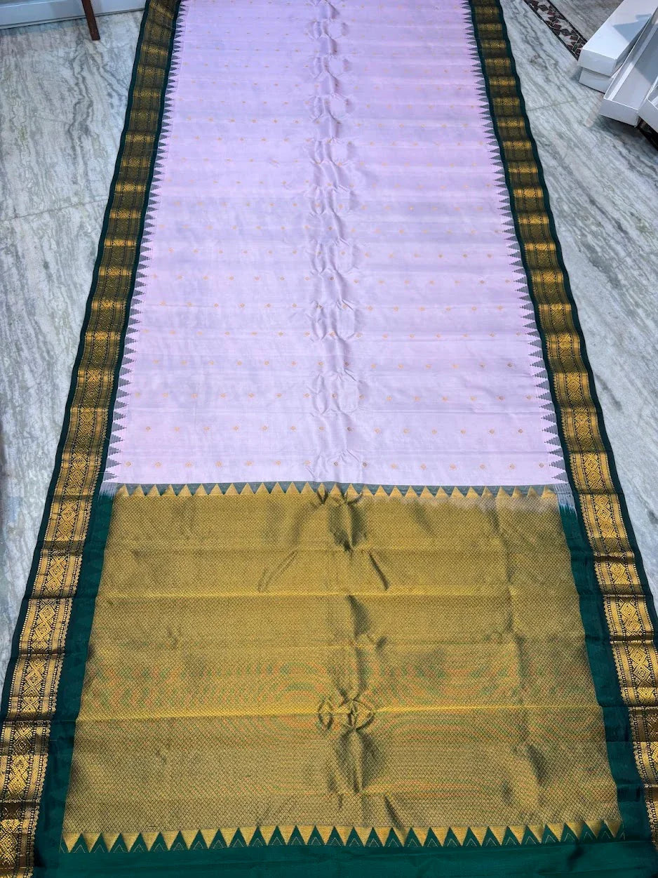 Pure Gadwal Silk Saree in Pastel Pink &amp; Bottle Green with Rich Gold Zari Temple Border | Traditional Handloom Pattu Saree for Weddings &amp; Festivals - pochampallysarees.com