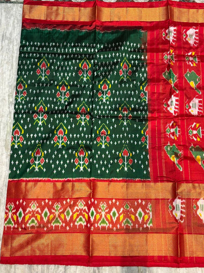 Premium Green &amp; Red Pure Ikkat Silk Saree | Traditional Parrot &amp; Elephant Motifs | Rich Gold Zari Border - pochampallysarees.com
