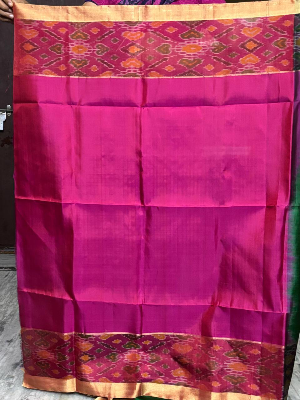 Pure Pochampally Soft Ikat Silk Green Red Saree