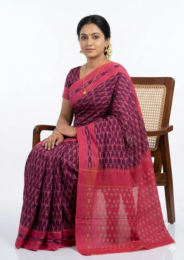 A woman sitting gracefully wearing a deep purple and bright pink traditional handloom Ikat cotton saree with geometric patterns.