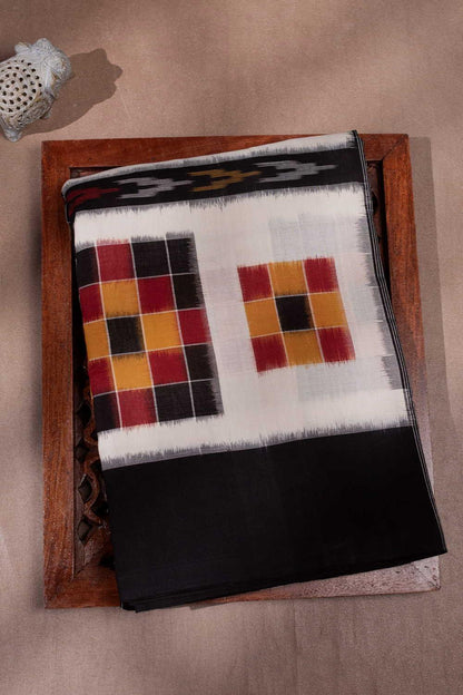 POCHAMPALLY DOUBLE IKKAT COTTON WHITE BODY BORDER BLACK SARI BLOUSE BLACK - pochampallysarees.com