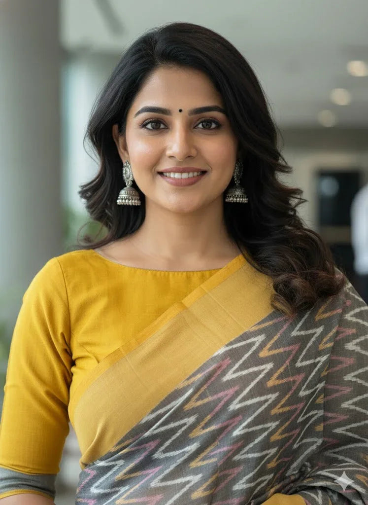 POCHAMPALLY IKKAT COTTON GRAY YELLOW SARI - pochampallysarees.com