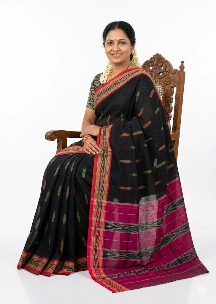 Elegant Black Pochampally Ikat Handloom Cotton Saree with Vibrant Pink Border - pochampallysarees.com