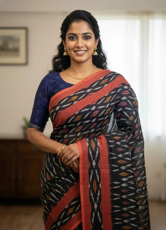 POCHAMPALLY IKKAT COTTON BLACK RED SARI - pochampallysarees.com