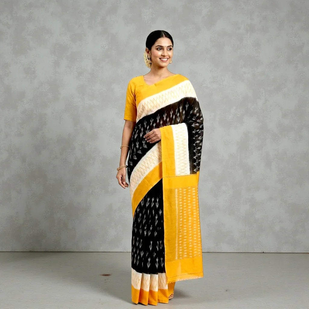 POCHAMPALLY IKKAT COTTON BLACK BODY BORDER YELLOW SARI WITHOUT BLOUSE - pochampallysarees.com