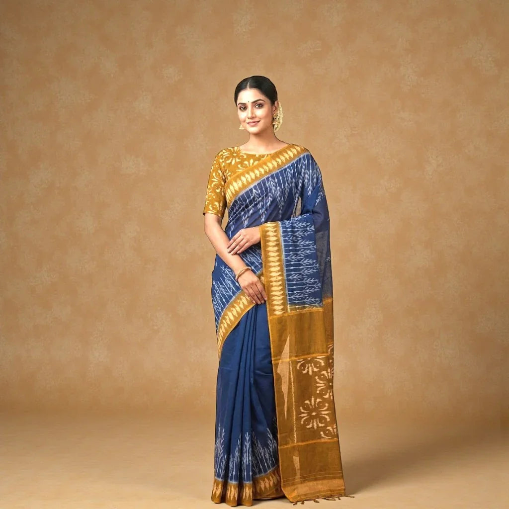 POCHAMPALLY IKKAT COTTON NAVY BLUE BODY BORDER BROWN SARI BROWN BLOUSE - pochampallysarees.com