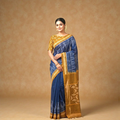 POCHAMPALLY IKKAT COTTON NAVY BLUE BODY BORDER BROWN SARI BROWN BLOUSE - pochampallysarees.com