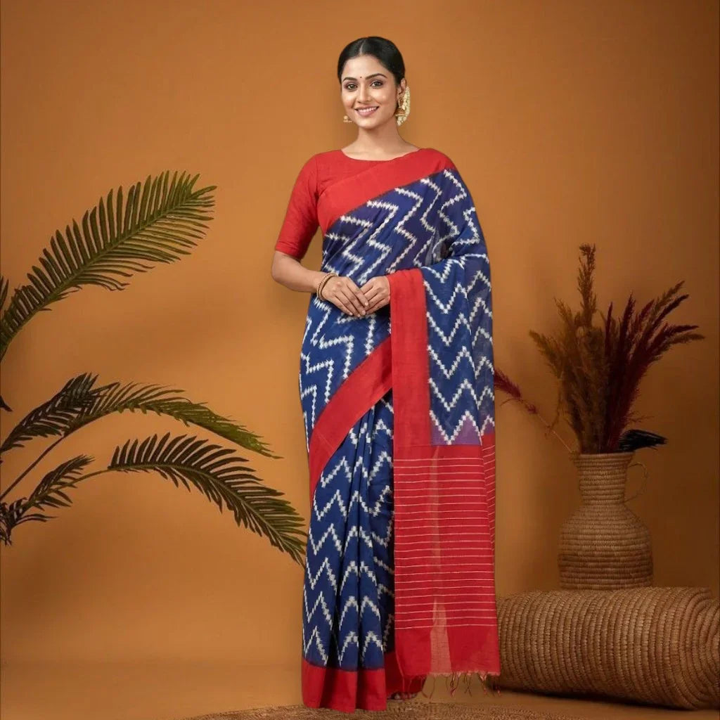 POCHAMPALLY DOUBLE IKKAT COTTON BLUE BODY BORDER RED SARI RED BLOUSE - pochampallysarees.com