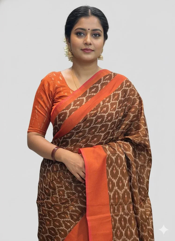 POCHAMPALLY IKKAT COTTON BROWN ORANGE SARI - pochampallysarees.com
