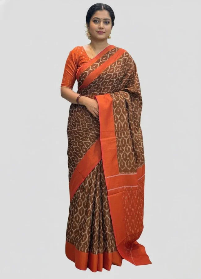 POCHAMPALLY IKKAT COTTON BROWN ORANGE SARI - pochampallysarees.com
