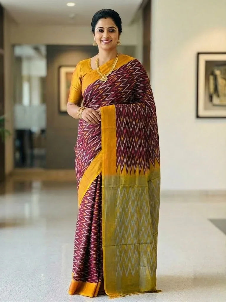 POCHAMPALLY IKKAT COTTON CHOCOLATE YELLOW SARI