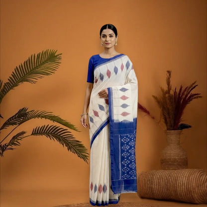 POCHAMPALLY IKKAT COTTON CREAM BODY BORDER BLUE SARI BLUE BLOUSE - pochampallysarees.com