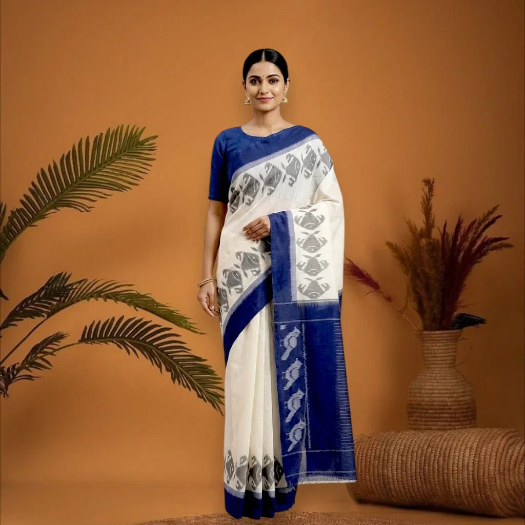 POCHAMPALLY IKKAT COTTON WHITE BODY BORDER BLUE SARI WITHOUT BLOUSE - pochampallysarees.com