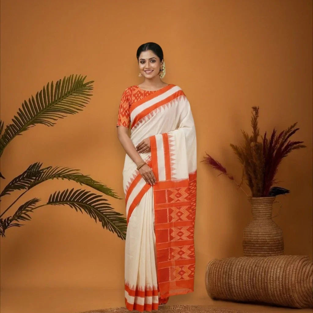 POCHAMPALLY IKKAT COTTON CREAM BODY BORDER ORANGE SARI WITHOUT BLOUSE - pochampallysarees.com