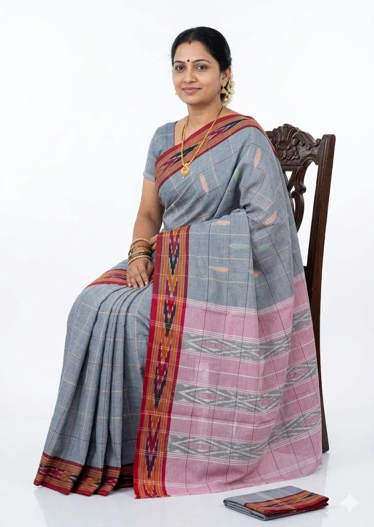 Pure Handloom Ikkat Cotton Saree in Grey &amp; Pink | Traditional Geometric Weave Saree for Women - pochampallysarees.com