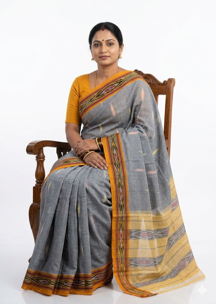 Slate Grey and Mustard Yellow Pochampally Ikat Cotton Saree - pochampallysarees.com