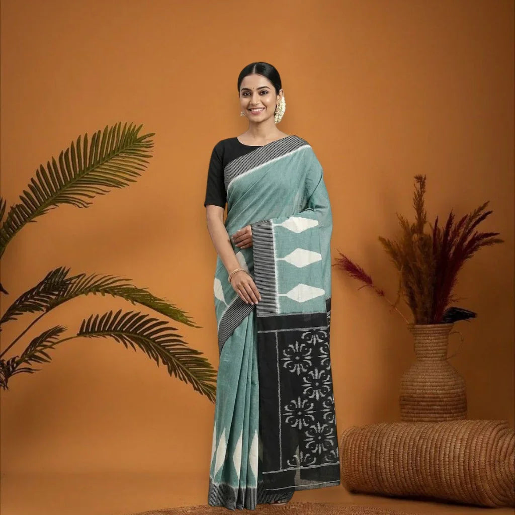 POCHAMPALLY IKKAT COTTON LIGHT GREEN BODY BORDER BLACK SARI BLACK BLOUSE - pochampallysarees.com