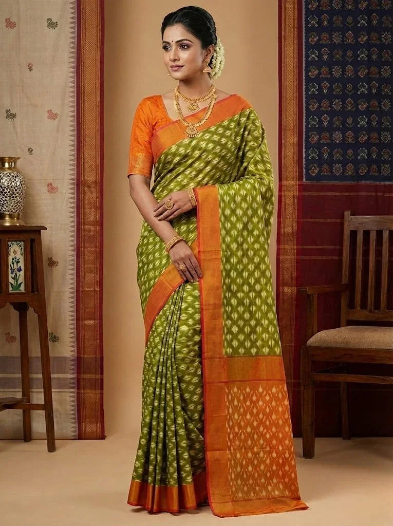 POCHAMPALLY IKKAT COTTON GREEN ORANGE SARI - pochampallysarees.com