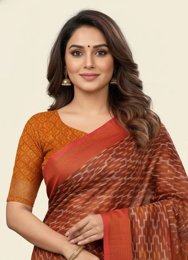 POCHAMPALLY IKKAT COTTON BROWN ORANGE SARI - pochampallysarees.com