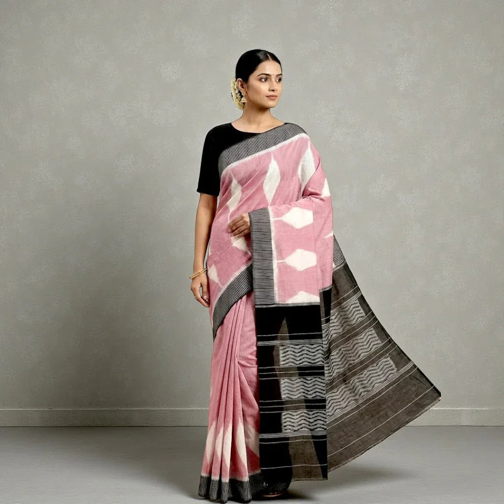 POCHAMPALLY IKKAT COTTON LIGHT PINK BODY BORDER BLACK SARI BLACK BLOUSE - pochampallysarees.com