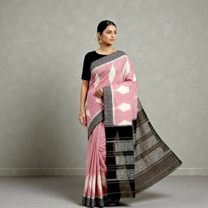 POCHAMPALLY IKKAT COTTON LIGHT PINK BODY BORDER BLACK SARI BLACK BLOUSE - pochampallysarees.com