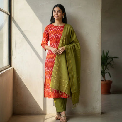 IKKAT COTTON TOP FABRIC RED PANT AND CHUNNI OLIVE GREEN DRESS MATERIAL - pochampallysarees.com