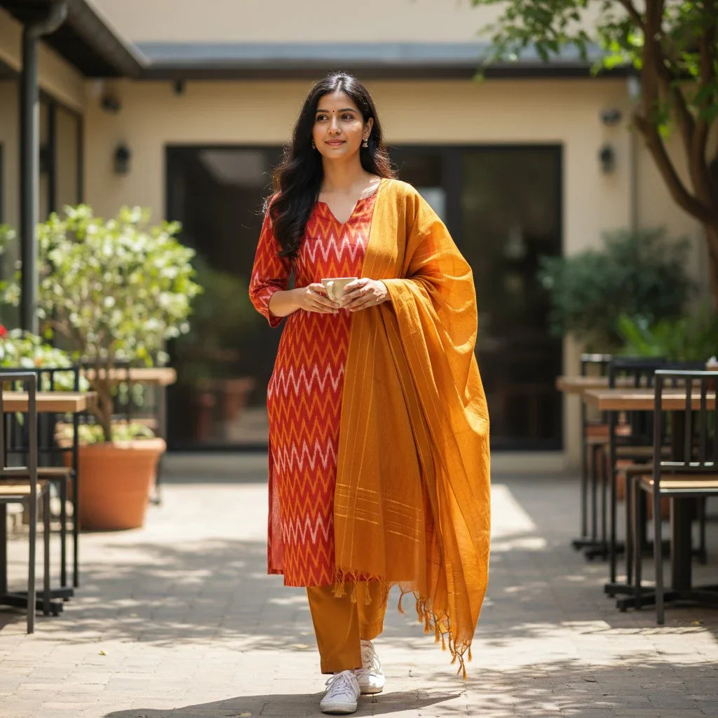 IKKAT COTTON TOP FABRIC RED PANT AND CHUNNI YELLOW DRESS MATERIAL - pochampallysarees.com